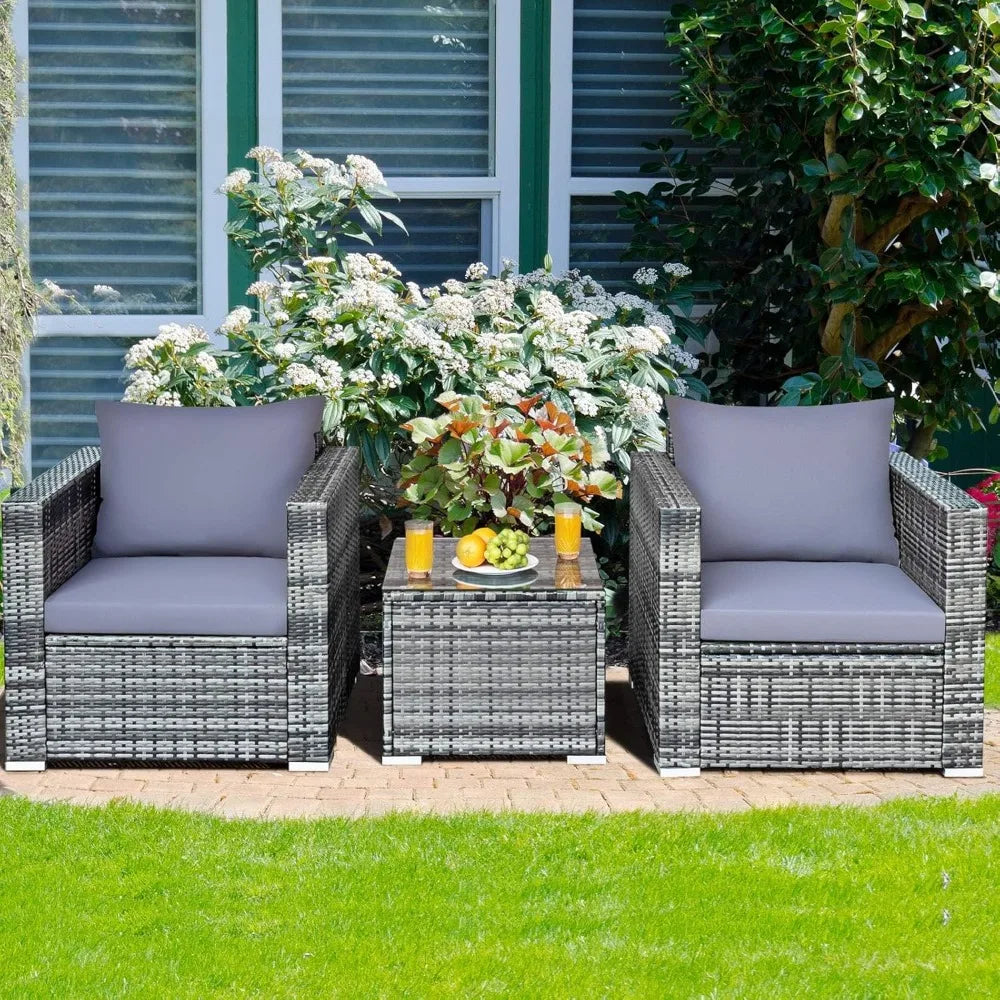 3 Pieces Patio Conversation Set, Outdoor Rattan Wicker Sofa Set with Coffee Table, Patio Furniture Set with Soft, Customized