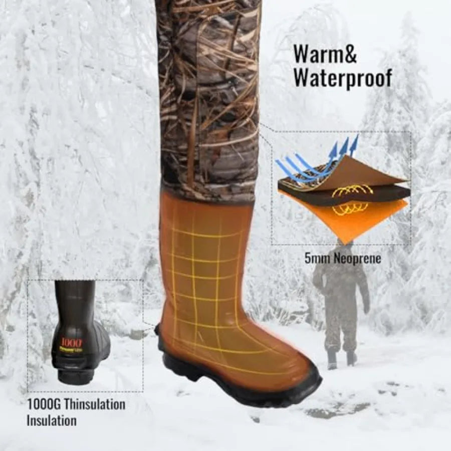 Waterproof Bootfoot Waders for Men Women with 00G Insulation Rubber Boots Neoprene Chest Wader in Black Ideal for Hunting and O
