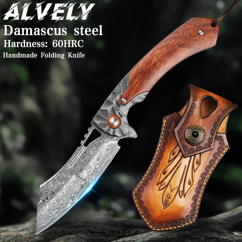 Handmade Damascus Steel Folding Pocket Knife, EDC Outdoor Adventure Pocket Knife, Hunting Hiking Mountaineering Camping Knife