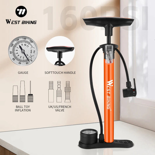 WEST BIKING 160PSI Bicycle Air Pump With Gauge Schrader Presta High Pressure Tire Inflator MTB Road Bike Pump Accessories