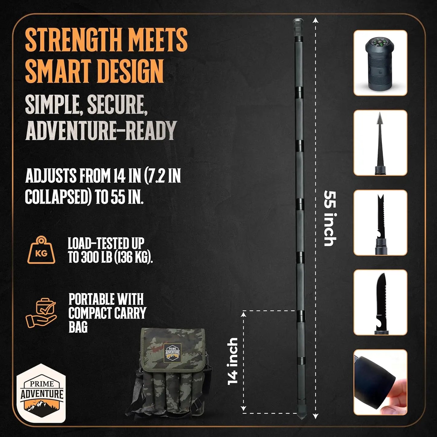 Hiking Tactical Stick - Collapsible Trekking Pole, 15-in-1 Multitool, 8-Tube Outdoor Gear