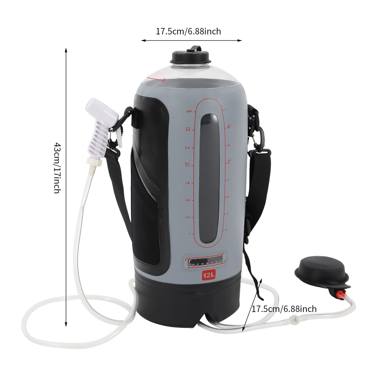 12L Camping Shower Solar Shower Garden Shower with Pump, Removable Hose Shower Bag for Hiking, Outdoor, Climbing, 3 Gallons