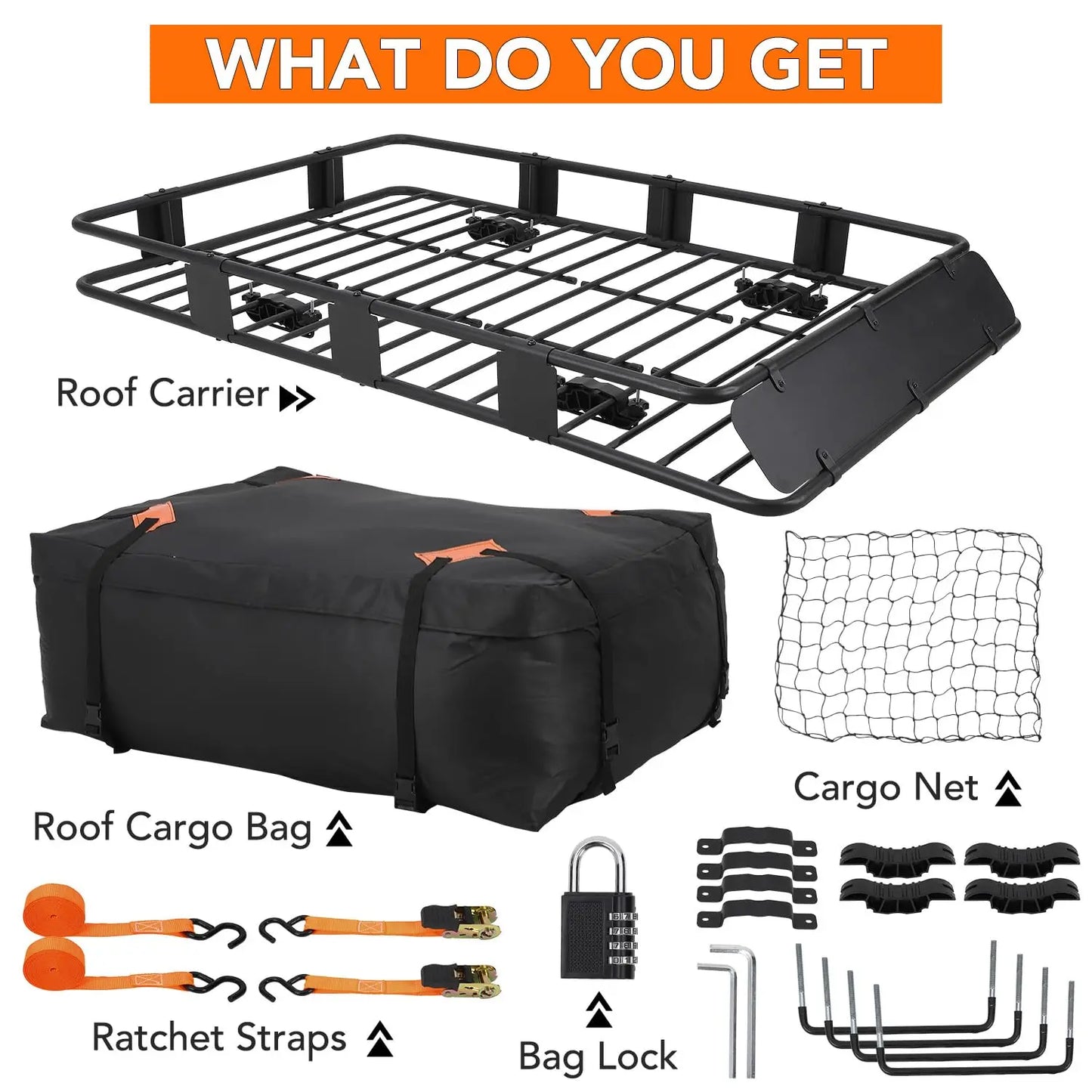 64" Roof Rack Basket, 200LB Capacity Adjustable Steel Cargo Carrier with Waterproof Bag Net Universal Rooftop Basket