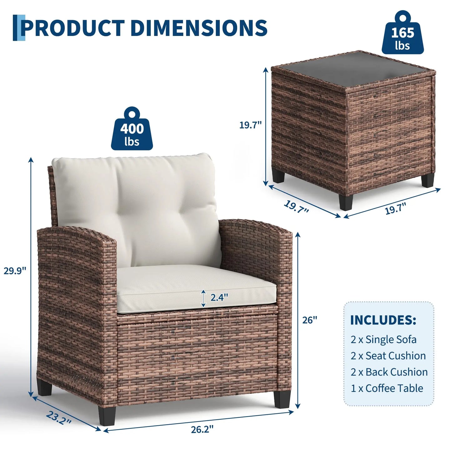 3-Piece Patio Furniture Set Outdoor Wicker Chairs Rattan Conversation Set With Glass Table & Cushions For Balcony Porch