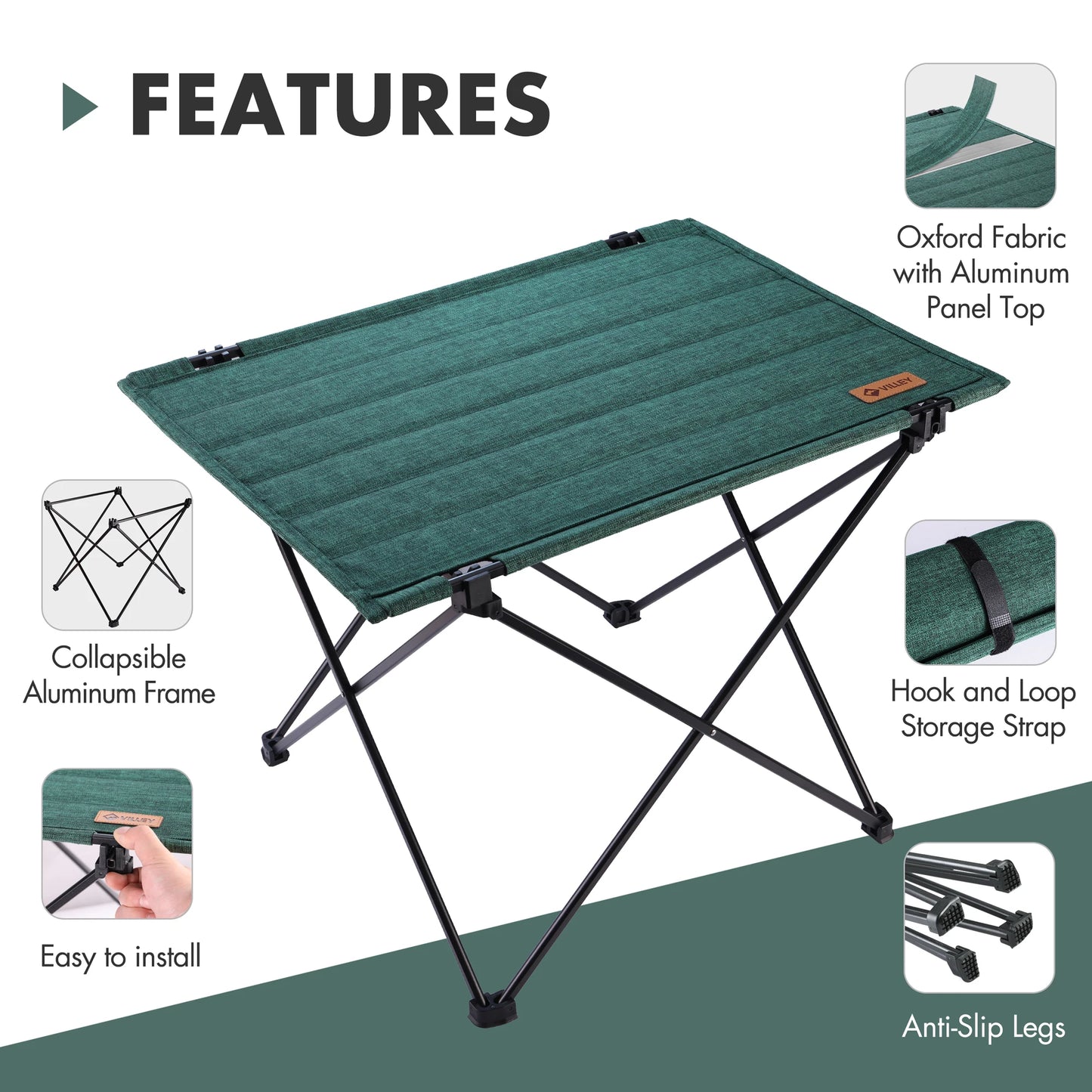 VILLEY Folding Camping Table with Carry Bag, Portable Lightweight Beach Table with Oxford Fabric and Reinforced Aluminum Panel