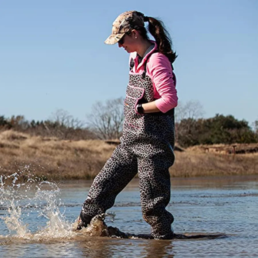 Women's 4mm Neoprene Leopard Hunting Waders with Insulated Boots Waterproof Fishing Waders in Brown and Black Thermal Insulated
