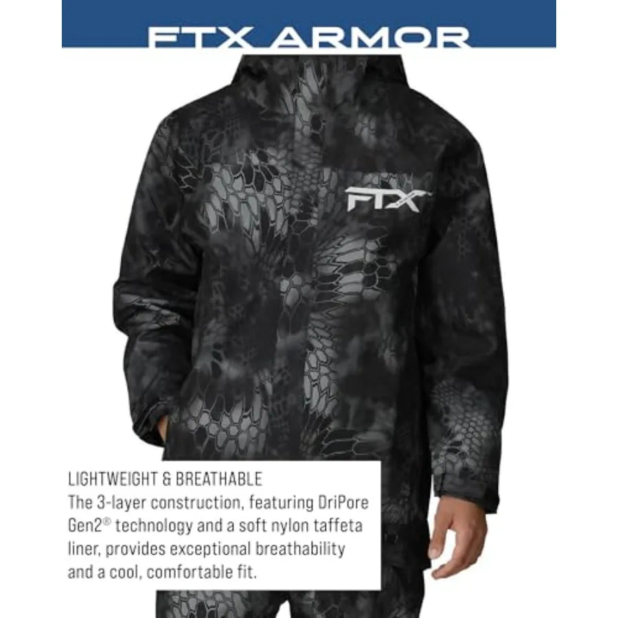 Men's FTX Armor Premium Waterproof Rain Fishing Jacket in Black with High-Visibility Details for Enhanced Safety and Durability