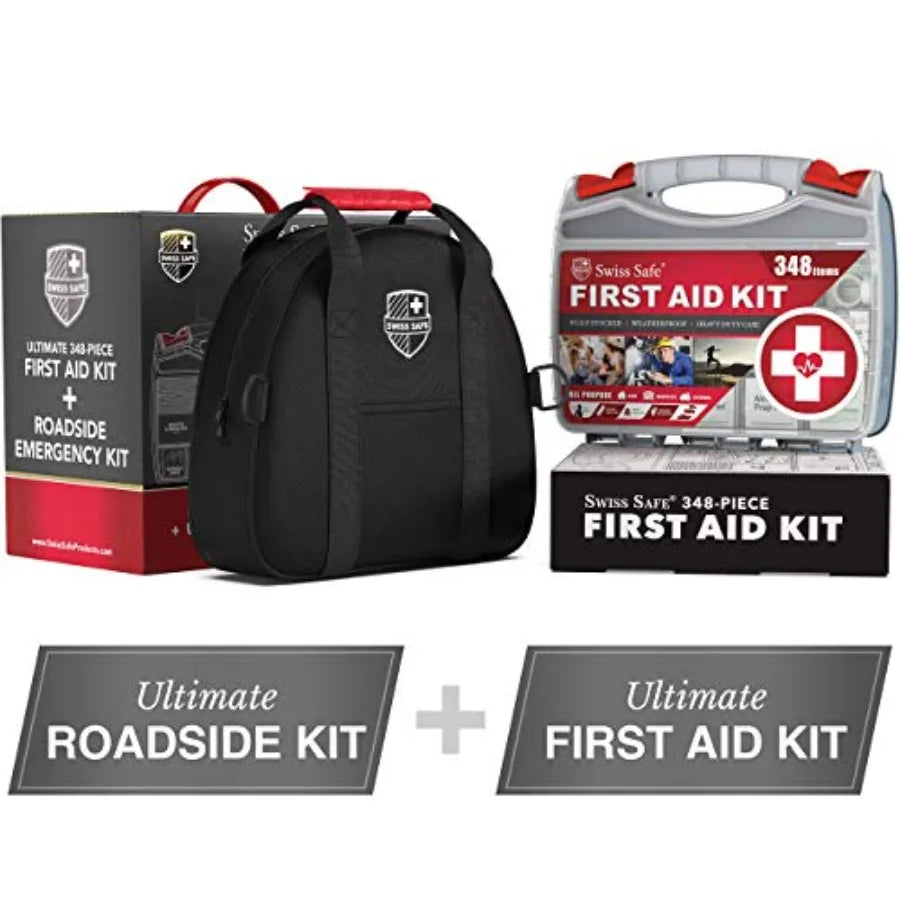 2-in-1 Car Emergency Kit with 12-FT Heavy-Duty Jumper Cables and 378-Piece First Aid Supplies Compact Roadside Safety Essential