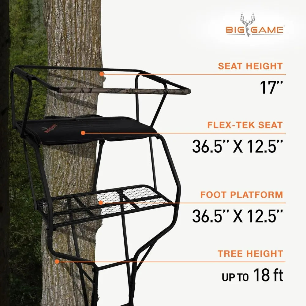 Hunting Deer 2-Person Ladder Tree Stand with Seats, 18 Feet Tall, Camouflage/Black - Adjustable Climbing Platform