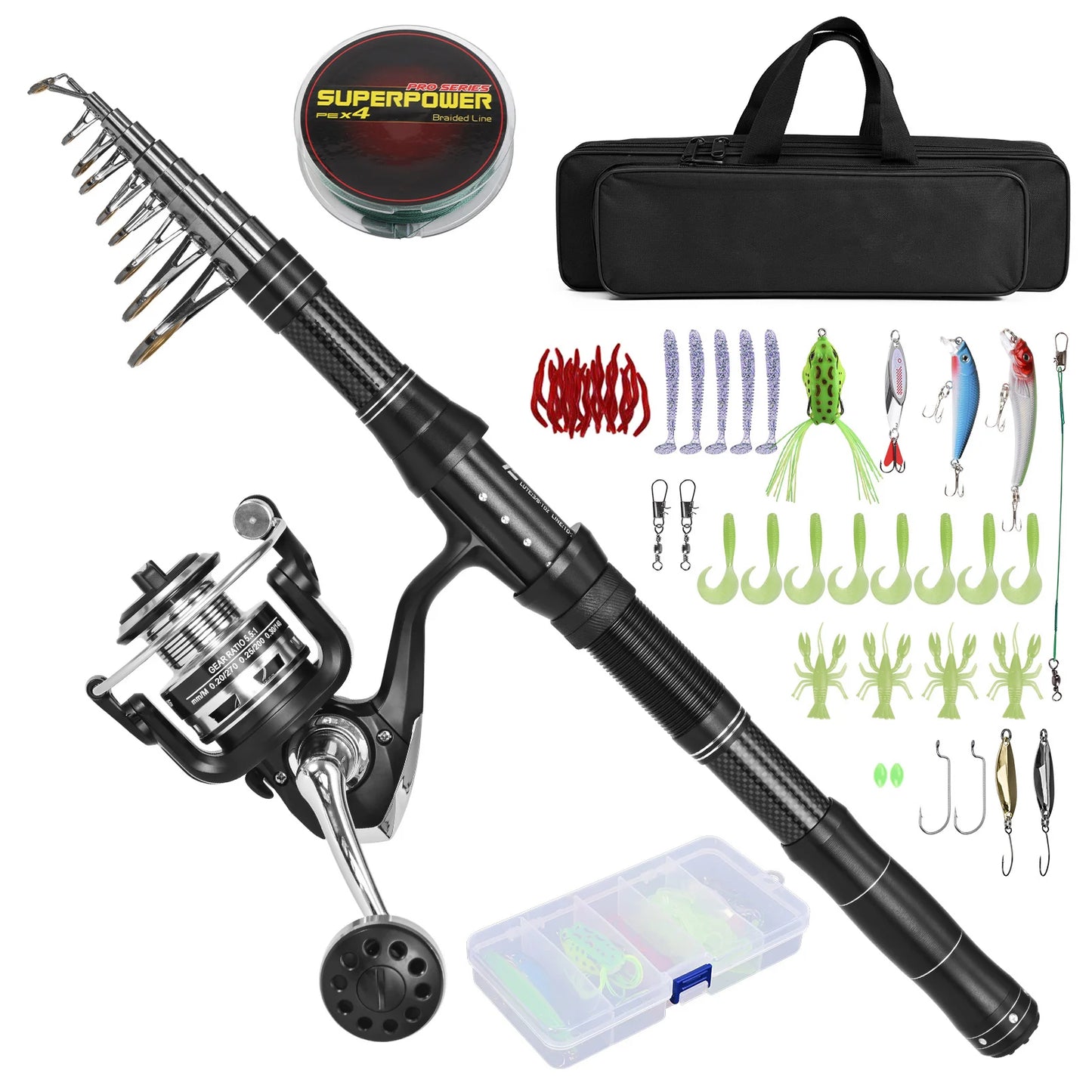 Fishing Rod with Lures Fishing Rod Kit Fishing Rod and Reel Combo Portable Fishing Rod With Fishing Line Lures Carry Bag