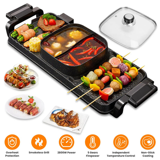 2 in 1 Hot Pot with Grill, Electric Hot Pot 2 in 1 Hot Pot BBQ Grill, Removable Hotpot Pot 2800W /Large Capacity Power Separate
