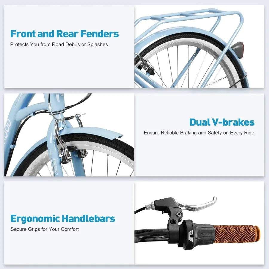 26 Inch Beach Cruiser Bike for Ladies 7-Speed Women Bike for Adults with Basket Rack Ideal City Bicycle for Commuting and Leisu