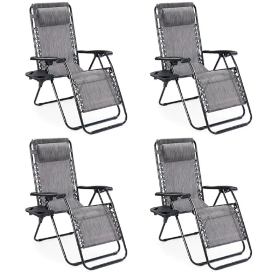 Set of 4 Portable Recliner Chairs Grey Outdoor Folding Lounge Chair with Cup Holder Trays Adjustable Pillow for Beach Poolside