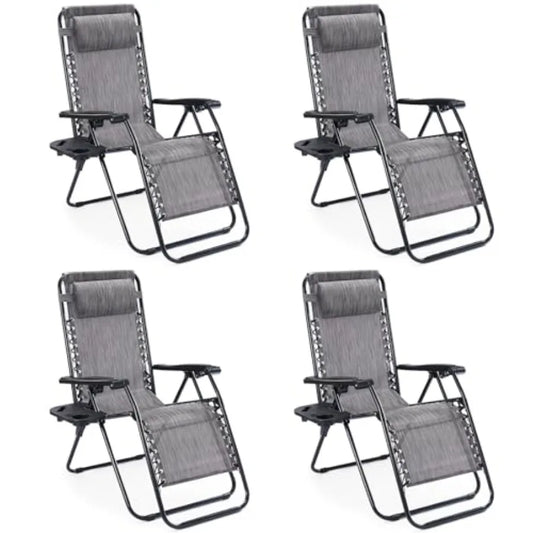 Set of 4 Portable Recliner Chairs Grey Outdoor Folding Lounge Chair with Cup Holder Trays Adjustable Pillow for Beach Poolside