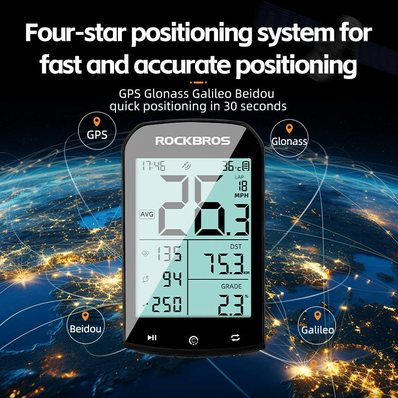 ROCKBROS Wireless GPS Bicycle Computer - Speed Measurement, Positioning, Odometer with Cadence Sensor for Mountain Road Cycling