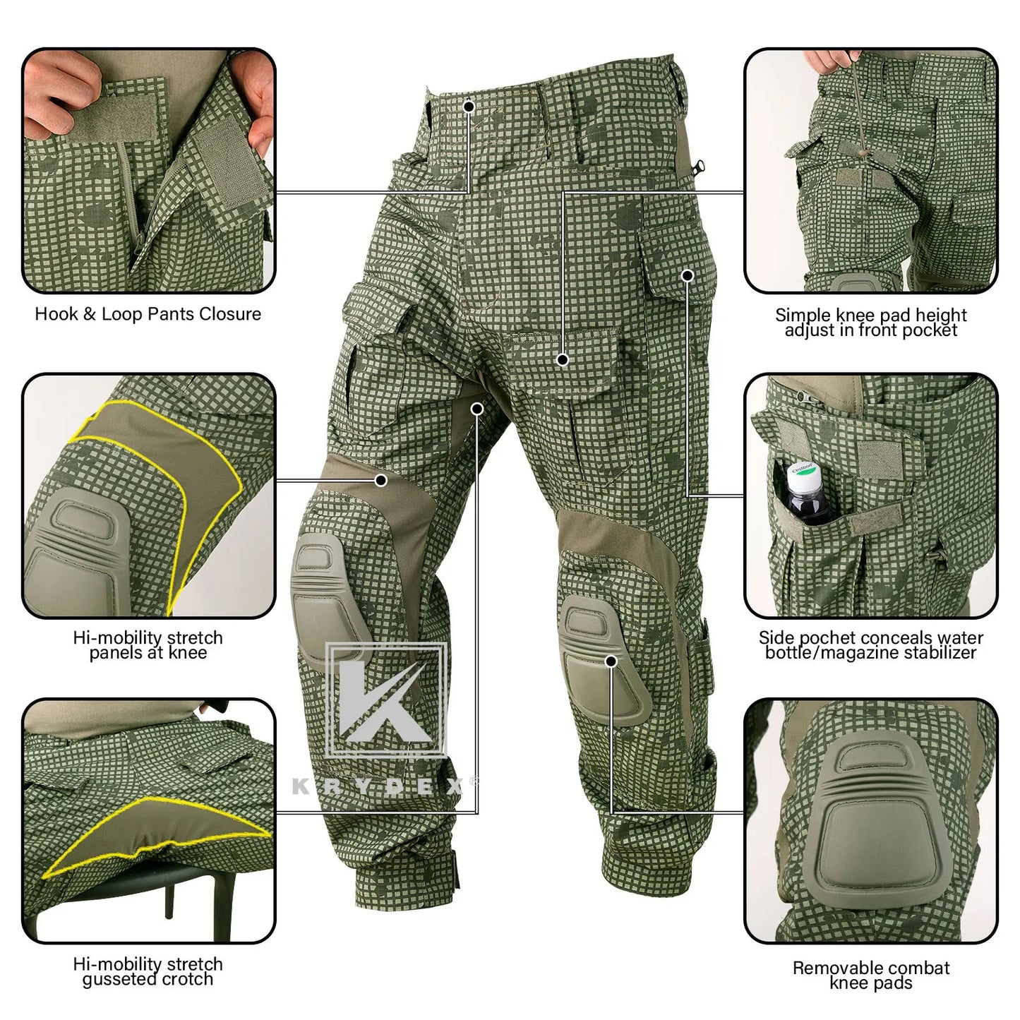 KRYDEX Camouflage Tactical Combat Pants Tactical Combat Trousers Knee Pads Outdoor Hunting Uniform Gear