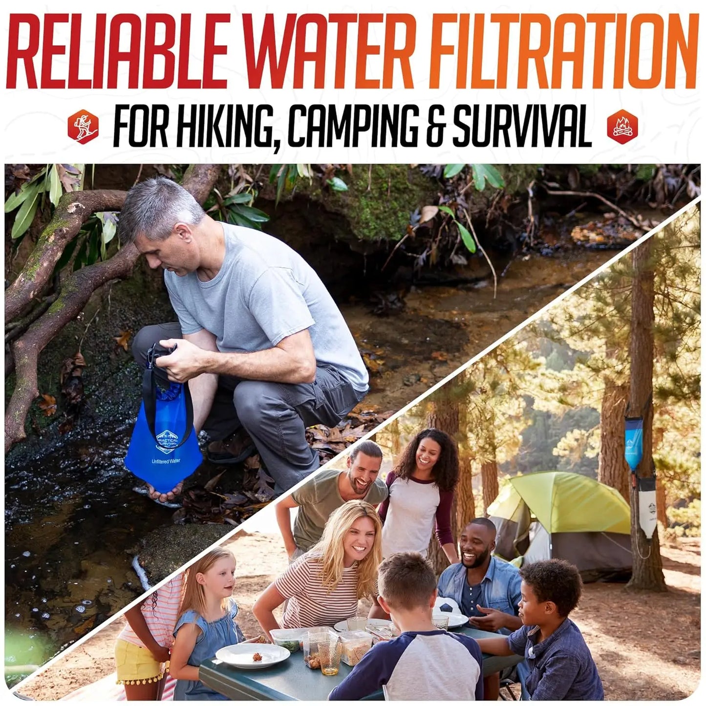 Portable Water Filter System with 2 Hanging Bags for Camping, Hiking, Survival - Includes Plunger
