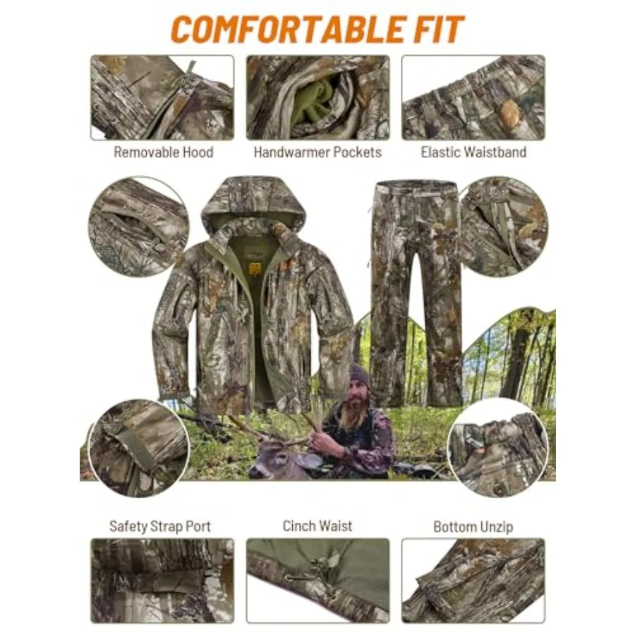 Camo Hunting Clothes for Men Quiet Warm Fleece Lining Cold Weather Deer Hunting Jacket and Pants with Face Mask Ideal for Outdo