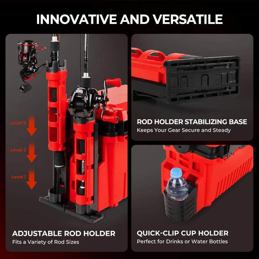 MadBite By KastKing RigHub Portable Tackle Storage Box with Adjustable Rod Holder and Cup Holder Removable Dividers for Fishing