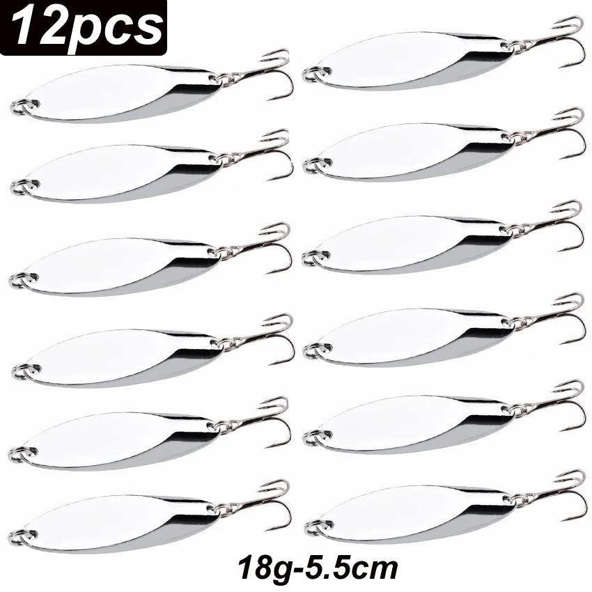 12pcs Metal Spinner Spoon Lures Trout Fishing Lure Hard Bait Sequins Paillette Artificial Baits Spinnerbait Fish Tools 1.5g-56g