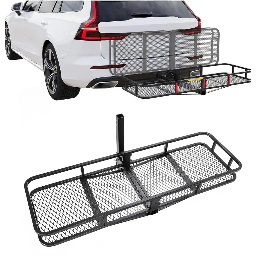 60x19.5x5.5 Folding Hitch Mount Cargo Carrier Rear Luggage Basket Fit 2 Receiver for Van SUV Truck Trailer Car Fold Up Trailer