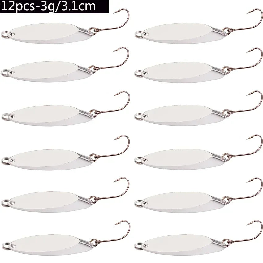 12pcs Metal Spinner Spoon Lures Trout Fishing Lure Hard Bait Sequins Paillette Artificial Baits Spinnerbait Fish Tools 1.5g-56g