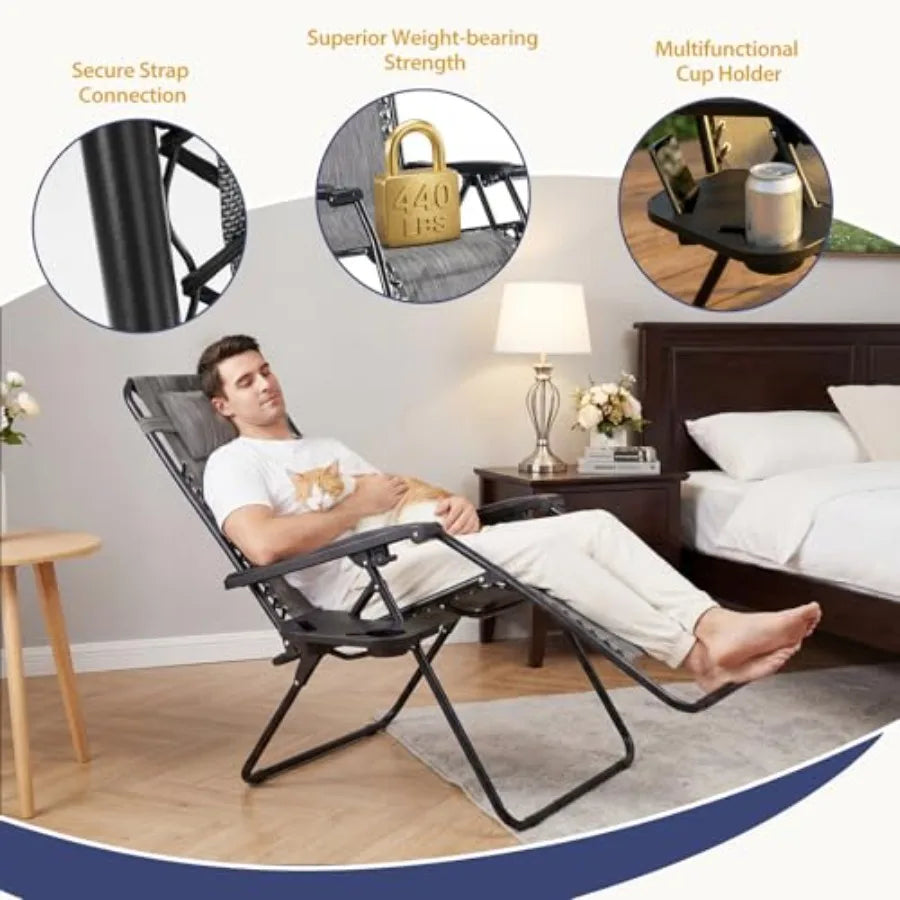 Set of 4 Portable Recliner Chairs Grey Outdoor Folding Lounge Chair with Cup Holder Trays Adjustable Pillow for Beach Poolside