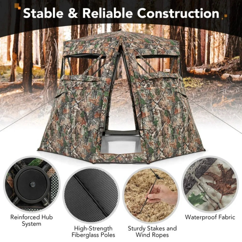 360° Pop Up Hunting Ground Blind W/4 Full Panels Of One-Way See-Through Fabric