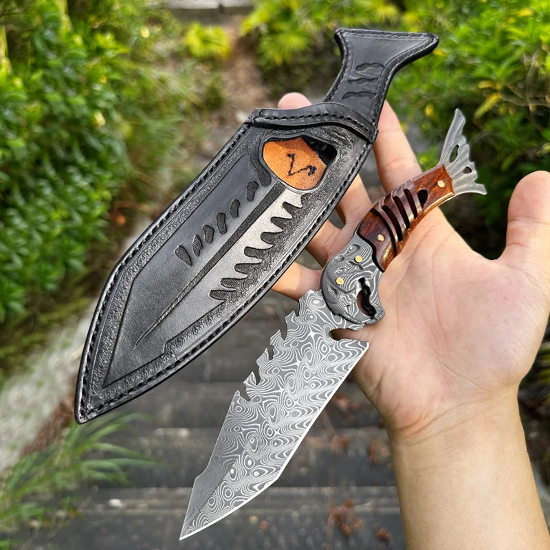 High-quality handcrafted Damascus steel fixed-blade hunting knife, outdoor camping fixed-blade tool, men's survival knife