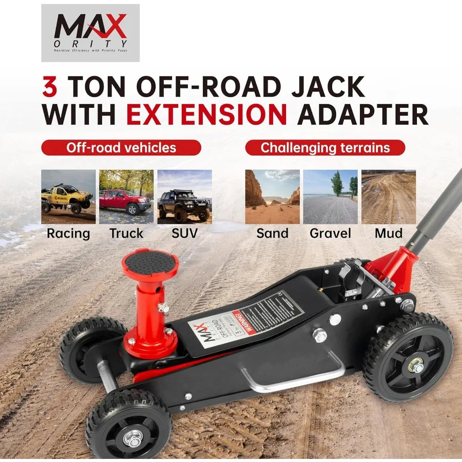 3 Ton 6600 lbs. Big Wheel Dual Pistons HeavyDuty Steel Construction OffRoad Hydraulic Car Jack with Extra Saddle Ideal for Truc