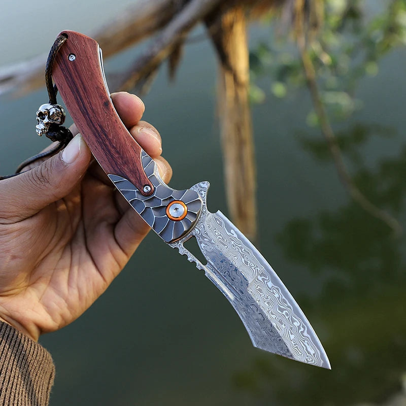 Handmade Damascus Steel Folding Pocket Knife, EDC Outdoor Adventure Pocket Knife, Hunting Hiking Mountaineering Camping Knife