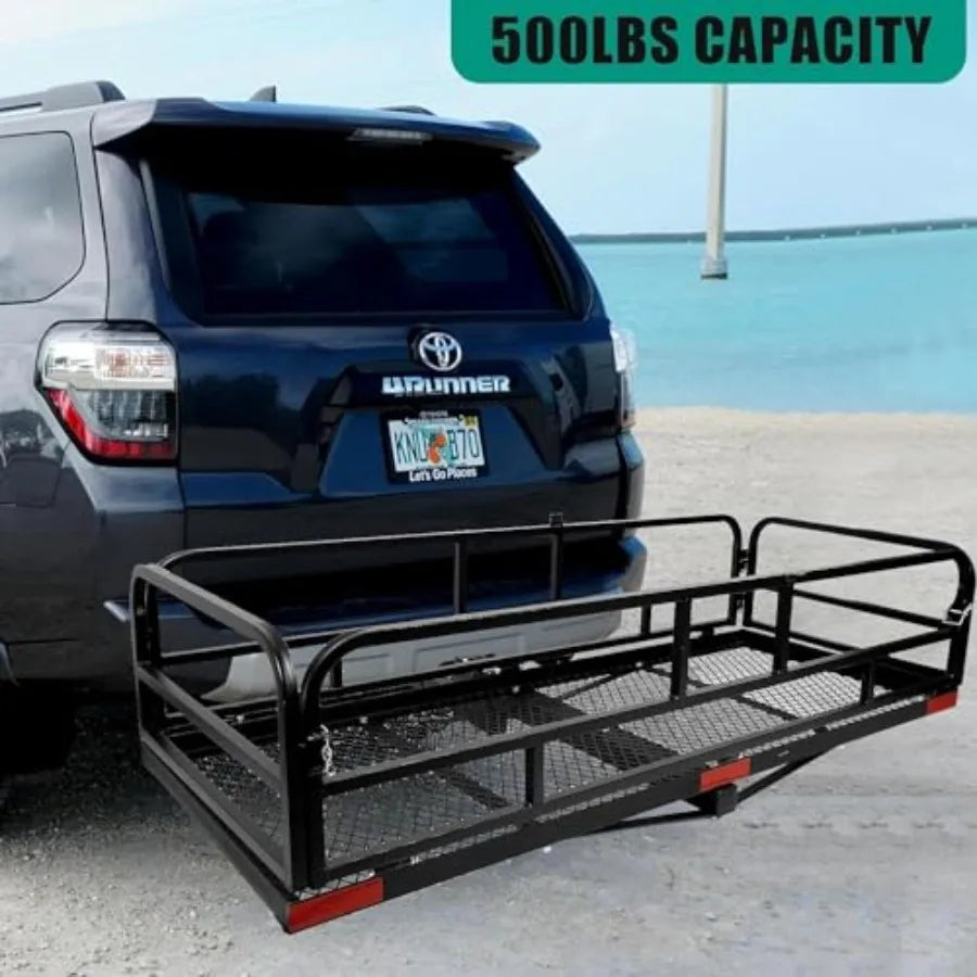 Trailer Hitch Cargo Rack 60 x 24 x 14 Inch Folding Hitch Mount Cargo Carrier with High Side Rails for RV Truck SUV Van 500 lbs.