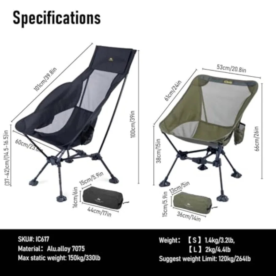 Ultralight Compact Camping Folding Beach Chair with Anti-Sinking Large Feet Black Triangular Frame High Back