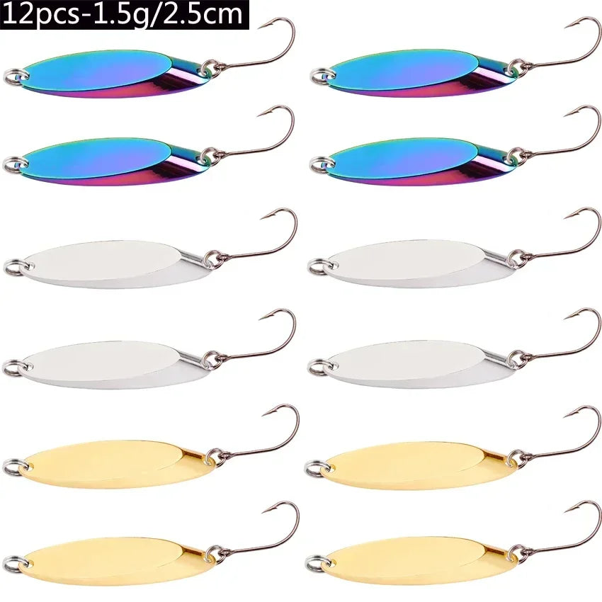 12pcs Metal Spinner Spoon Lures Trout Fishing Lure Hard Bait Sequins Paillette Artificial Baits Spinnerbait Fish Tools 1.5g-56g