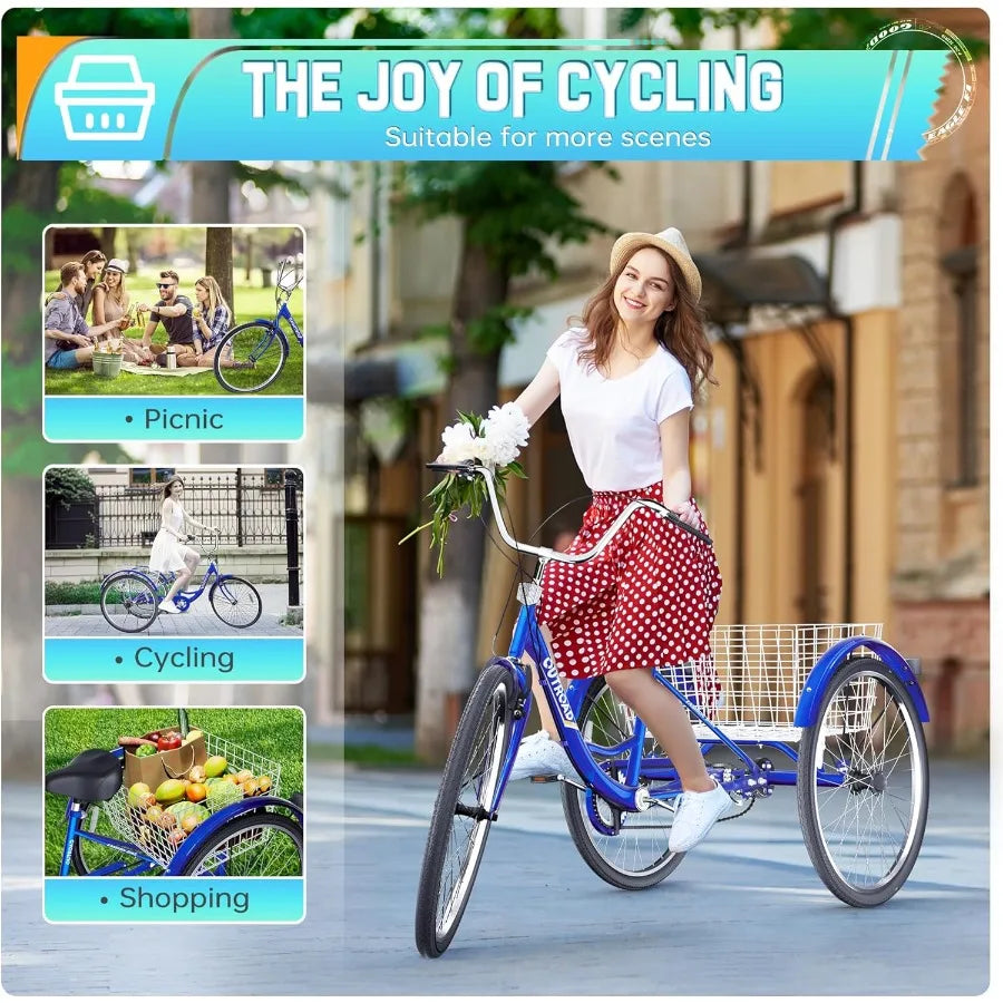 1 7Speed Adult Tricycle 24 26Inch 3Wheel Cruise Bicycle with Basket for Seniors Stable and Reliable 3Wheel Bike for Shopping Be