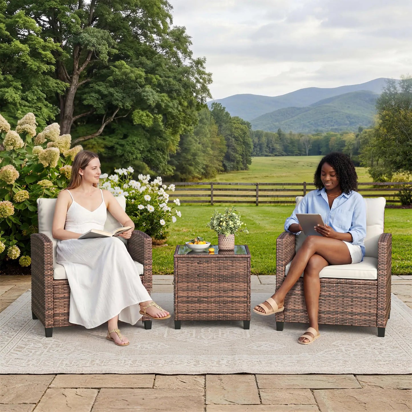 3-Piece Patio Furniture Set Outdoor Wicker Chairs Rattan Conversation Set With Glass Table & Cushions For Balcony Porch