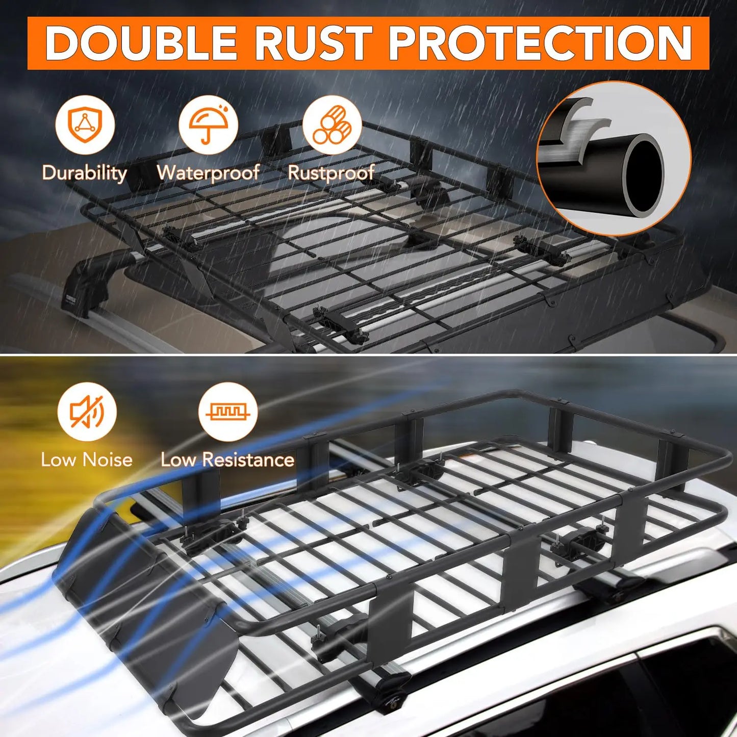 64" Roof Rack Basket, 200LB Capacity Adjustable Steel Cargo Carrier with Waterproof Bag Net Universal Rooftop Basket