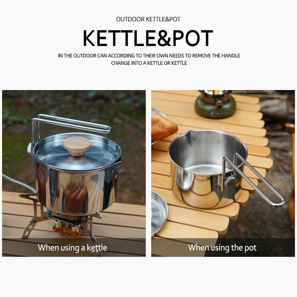 1L Camping Pot 304 Stainless Steel Multifunctional Water Boiling Kettle Pot Cooker Multitool Hiking Picnic Supplies