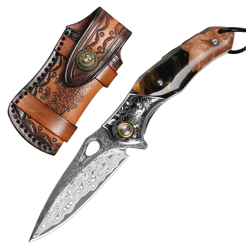High Quality Damascus Steel Pocket Knife with Sheath, Resin Maple Handle, EDC Survival Adventure Tools Hunting Folding Knife