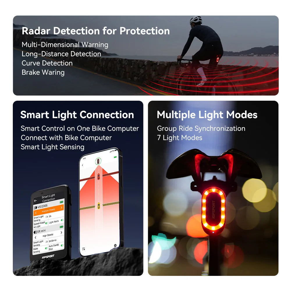 iGPSPORT SRmini Radar Tail Light with Brake Alert IPX7 Waterproof Daytime Running Lamp for Road Cycling Bike Safety