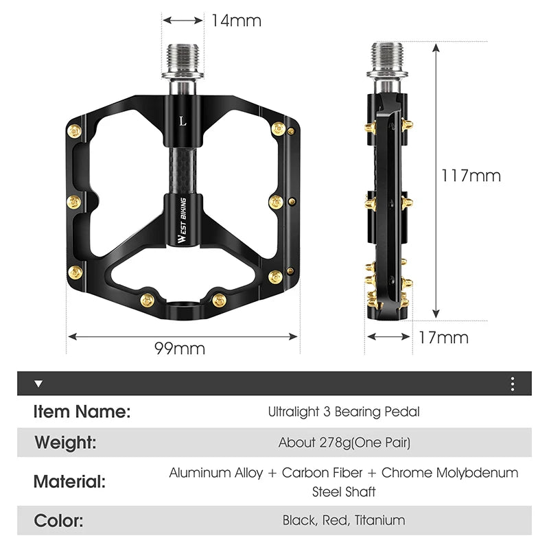 WEST BIKING Bicycle Pedal Three Bearing MTB Road Bicycle Pedal Aluminum Alloy Anti Slip Universal Bicycle Accessories