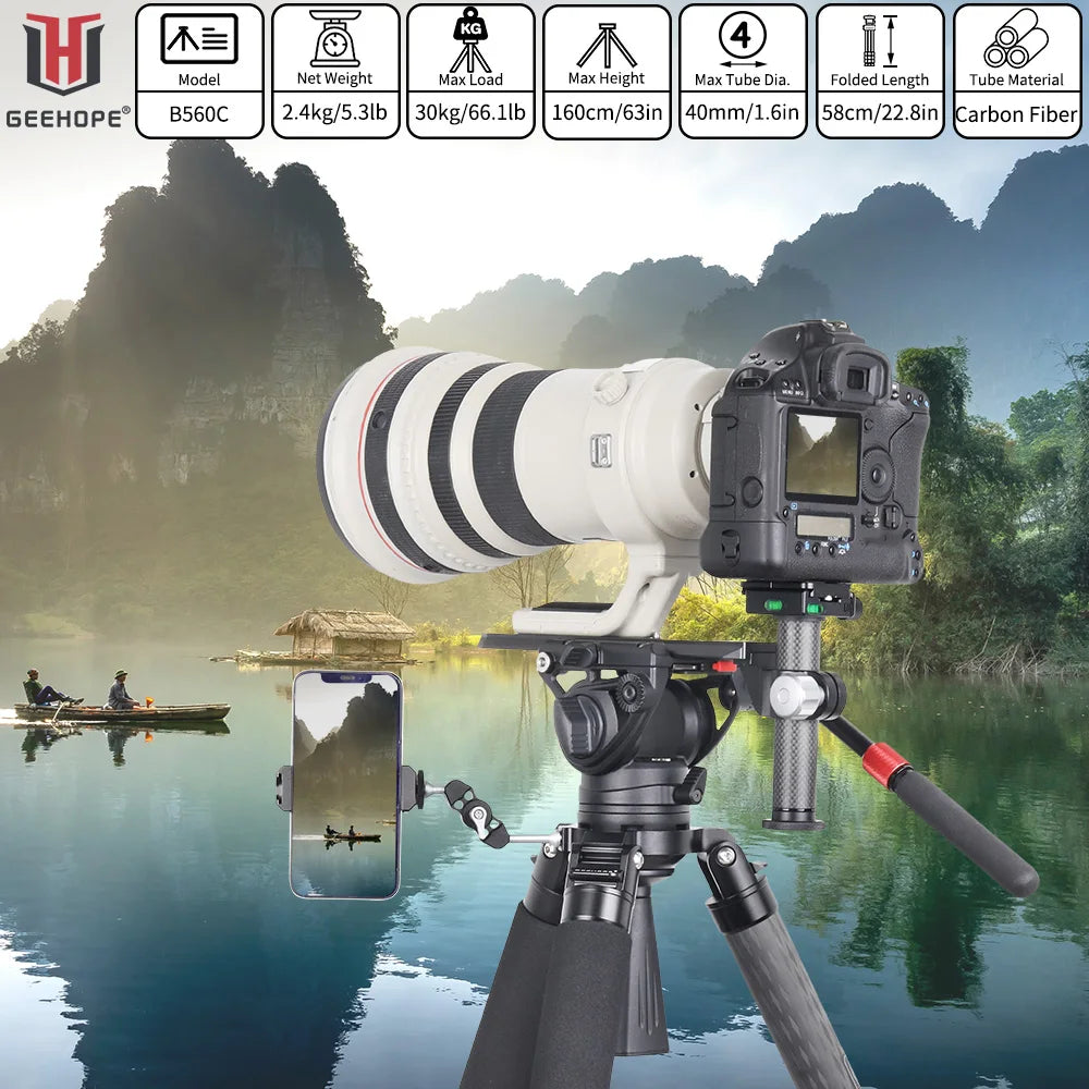 GEEHOPE B560C Professional Heavy Camera Tripod 40mm Tube 30kg Maxload Bowl Tripod Super Stable Top Bird Watching Camera Bracket