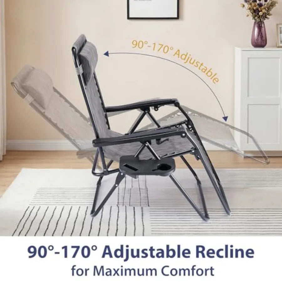 Set of 4 Portable Recliner Chairs Grey Outdoor Folding Lounge Chair with Cup Holder Trays Adjustable Pillow for Beach Poolside