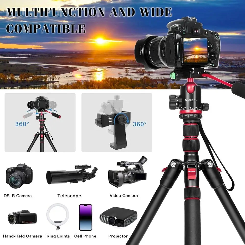 2-in-1 Adjustable Aluminum Tripod for Camera & Hunting, 68 Height, Removable Handle, Compatible with DSLR, Canon, Nikon, Sony, I