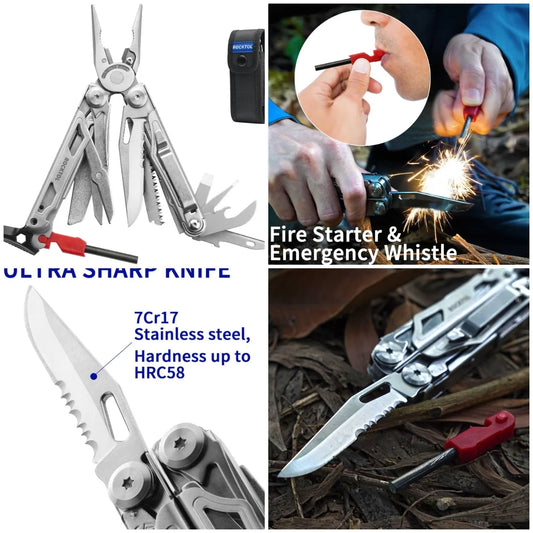 22-in-1 Multitool Pliers with Fire Starter, Whistle, Glass Breaker, Locking Mechanism, Nylon Sheath – Survival & Camping Tool fo