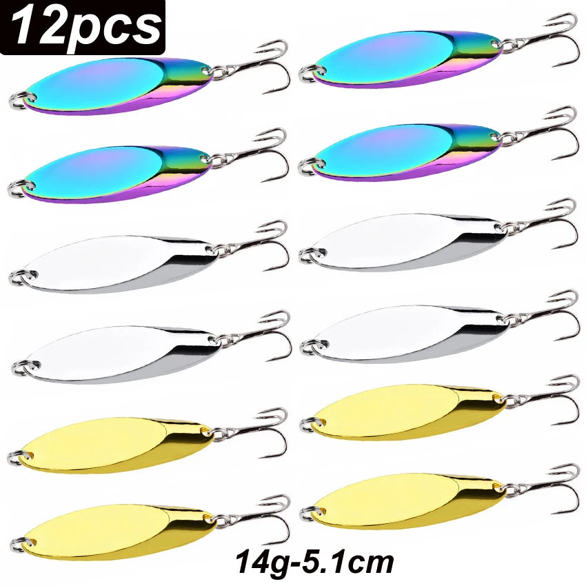 12pcs Metal Spinner Spoon Lures Trout Fishing Lure Hard Bait Sequins Paillette Artificial Baits Spinnerbait Fish Tools 1.5g-56g