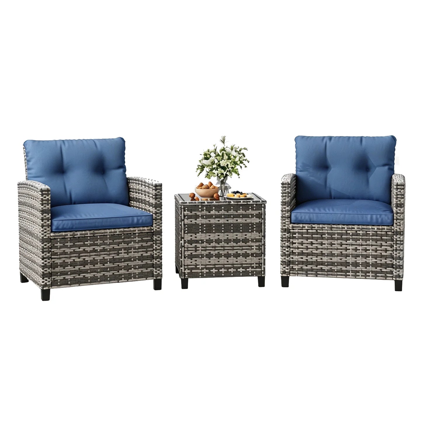 3-Piece Patio Furniture Set Outdoor Wicker Chairs Rattan Conversation Set With Glass Table & Cushions For Balcony Porch