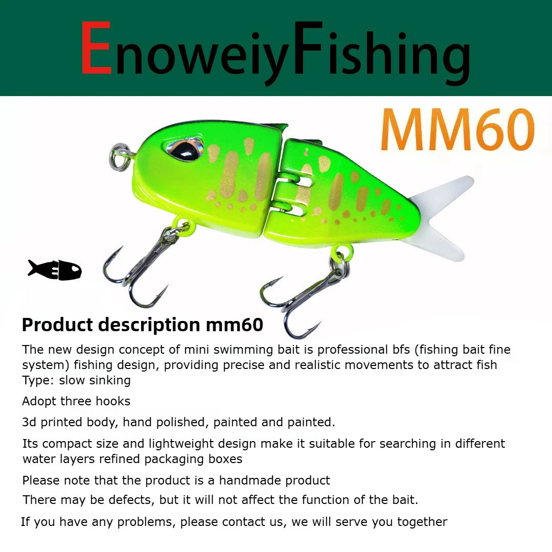 1PCS MM60 Fishing Lure Slow Sinking Swimbait Realistic Jointed Bait 3D Eyes PVC Material for Bass & Predator Fishing Acce