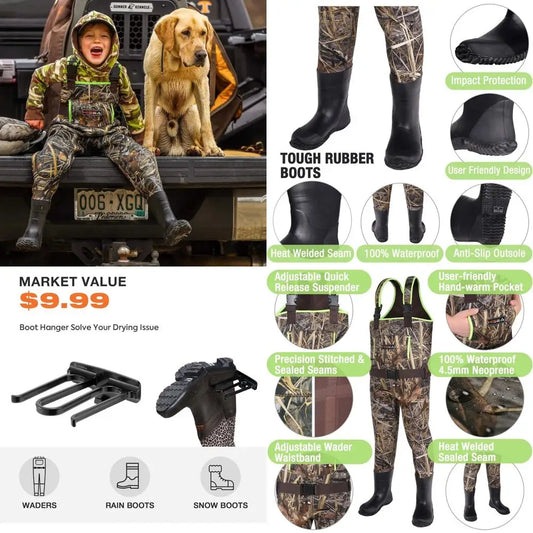 HISEA Kids Chest Waders for Toddler & Children, Youth Neoprene Waterproof Hunting Fishing Wader with Insulated Boots Boy Girl