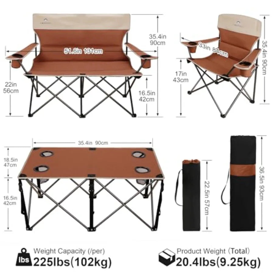 Set of 3 Outdoor Folding Camping Chairs for Heavy People with Cup Holder and Carry Bag Includes One Sofa Chair and Two Single C